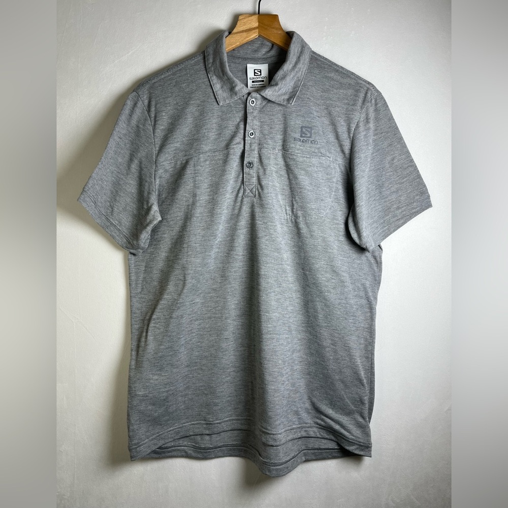 Salomon Men’s Gray Polo Shirt Size Large – Moisture Wicking Outdoor Hiking Golf